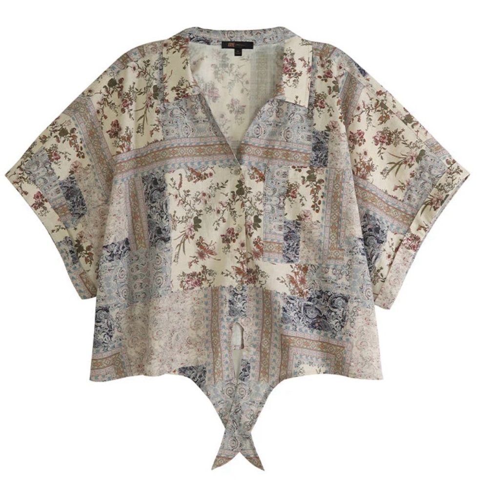 🟠NWT FRYE Cropped Dolman Sleeve Button Tie-Front Top - Neutral Paisley Patchwork - Picture 3 of 6